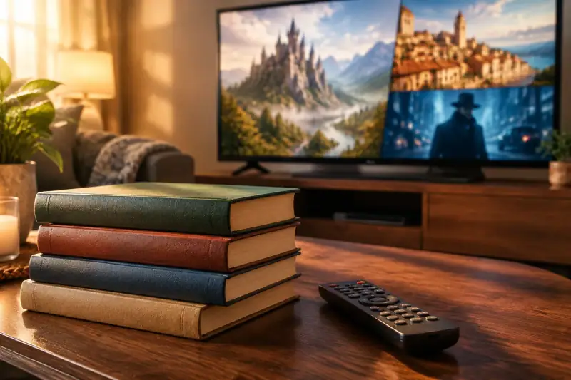 İşaretsiz kitapların yanında fantastik, tarihi ve casusluk sahneleri gösteren televizyon ile kumanda