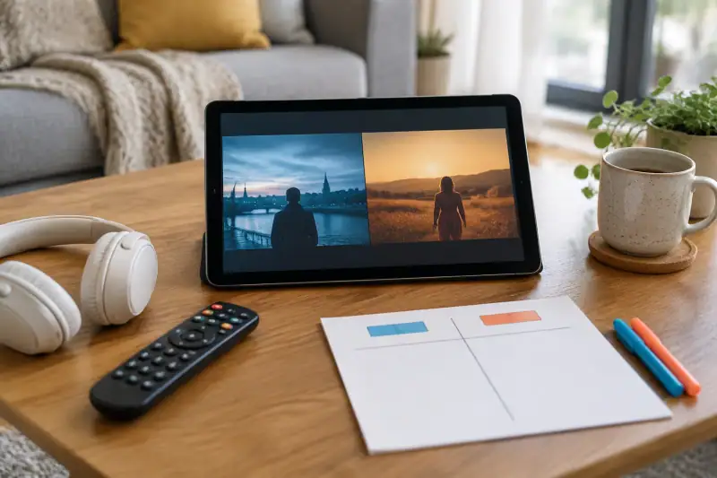 Yan yana iki farklı dizi sahnesi gösteren tabletin yanında kumanda, kulaklık ve boş bir karşılaştırma çizelgesi